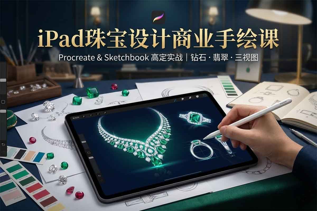 iPad珠宝设计商业手绘课：从Procreate零基础入门到高定钻石/翡翠三视图实战